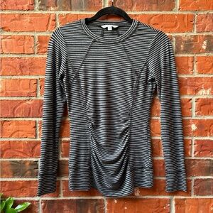 CAbi #795 Womens XS Gray Black Stripe Ruched Front Long Sleeve Basic Tee